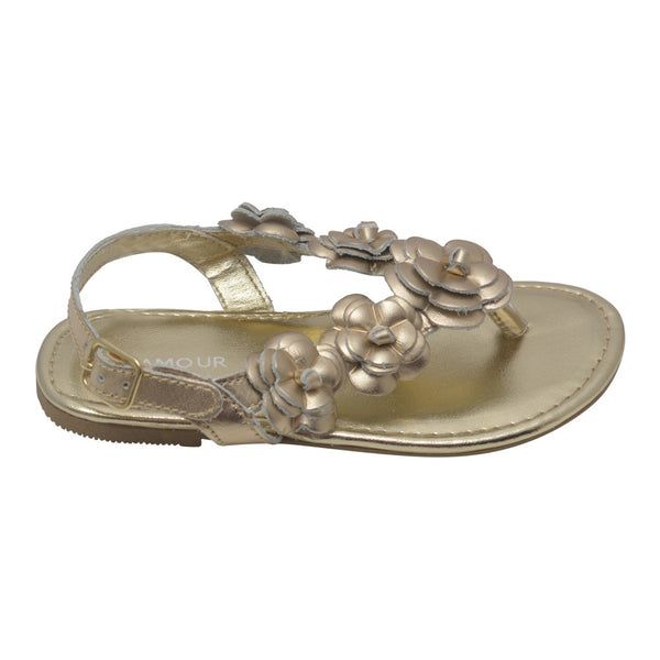 L'Amour Girls Gold Flower Blossom Accent Buckle Thong Sandals 7-10 Toddler - SophiasStyle.com